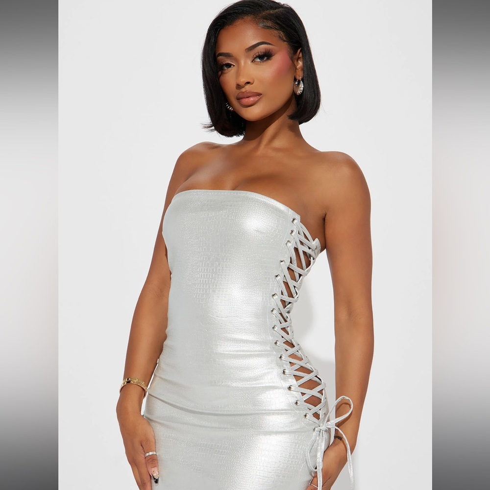 Fashion Nova No Crocodile Tears Lace Up Midi Dress - Silver